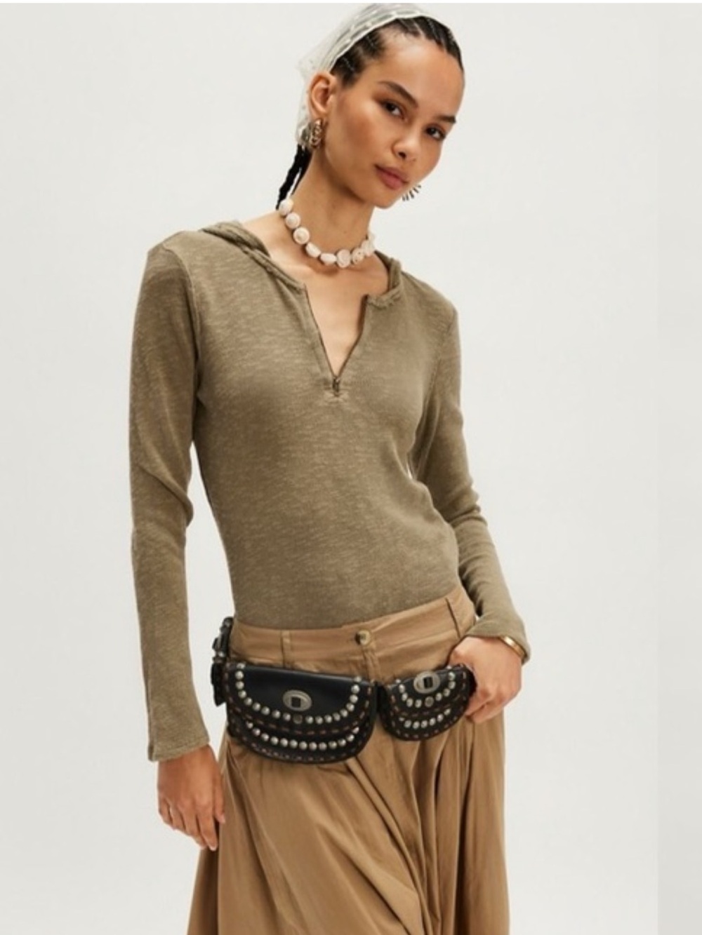 We The Free Speed Drive Hooded Olive Knit Henley  Top